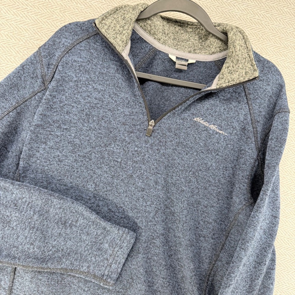 Eddie Bauer Mens Blue Marled Quarter Zip Fleece Pullover Sweater Size Large